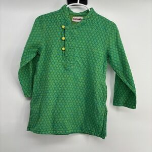 Fabindia Kurta Kids 2-3 Years Green Cotton Long Sleeve Button Ethnic Tunic Top
